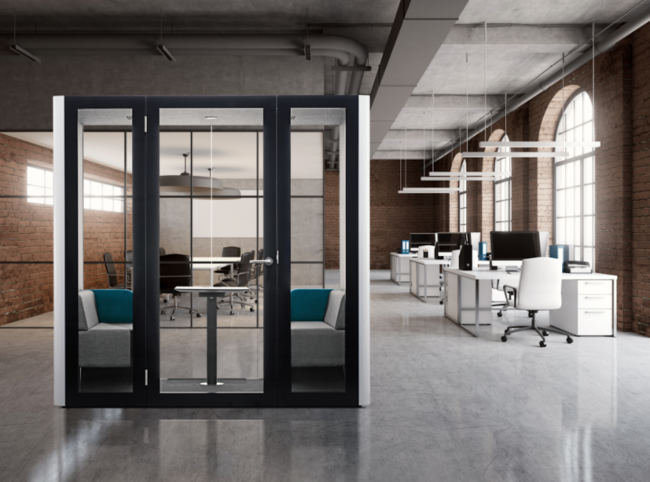 How does work organization change with an office acoustic pod?